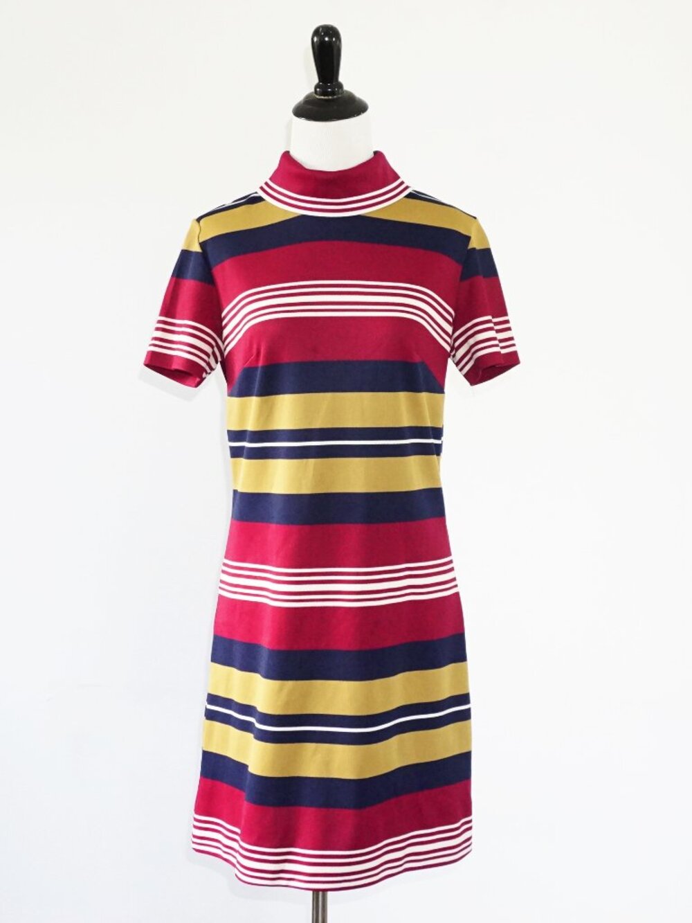 Vintage 60s Striped Short Sleeve High Collar A Line Dress S